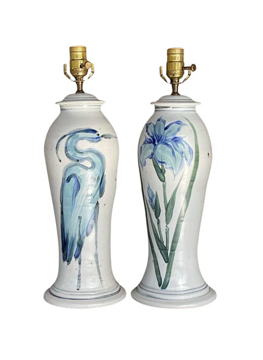 Vintage Hand Painted Ceramic Crane Lamps