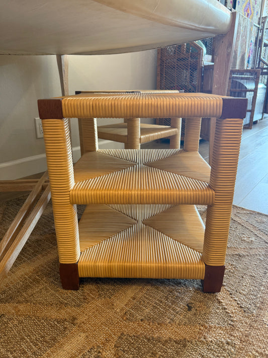 Pair of Donghia Mahogany & Rush Rattan End Tables