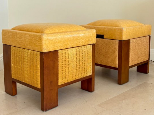 Pair Of  Storage Ottomans In Snakeskin And Cane